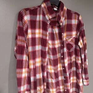 Red and White Button Down Shirt with Plaid Design
